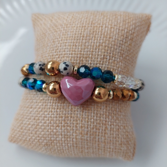 Hand Crafted Jewelry - Handcrafted Jewelry Bracelet Set Crystals Porcelain Semi Precious Stainless Stee